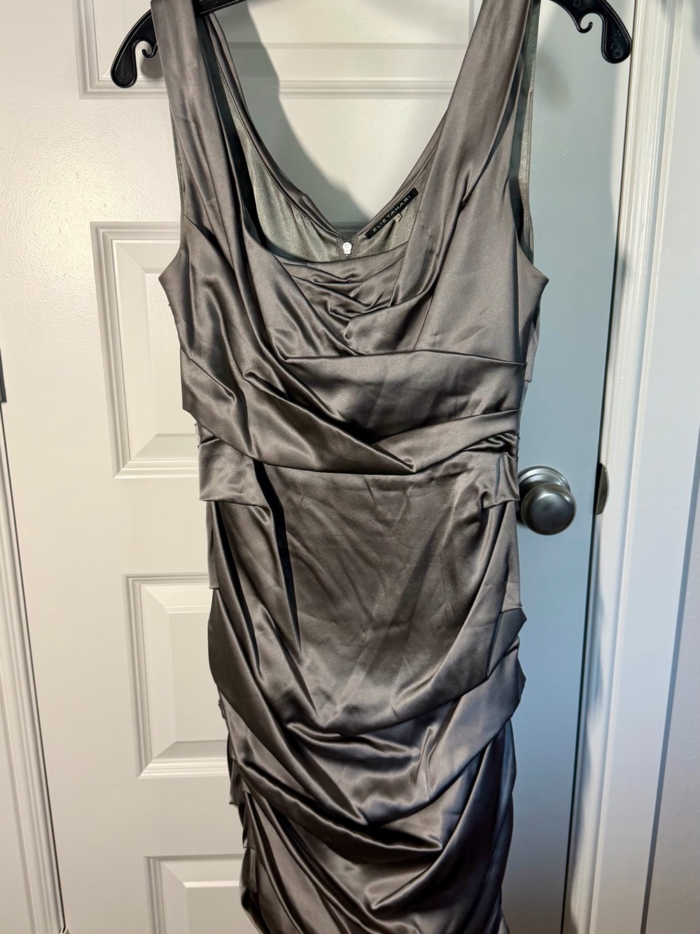 Elie Tahari Charcoal Satin Ruched Midi Dress